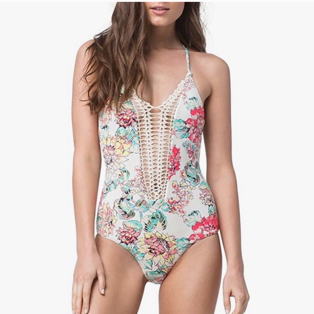 Billabong crochet one piece, adjustable crisscross straps, full coverage bottom
